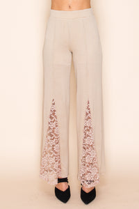 Beige Wide Leg Knit Pants with Lace Panel Detail