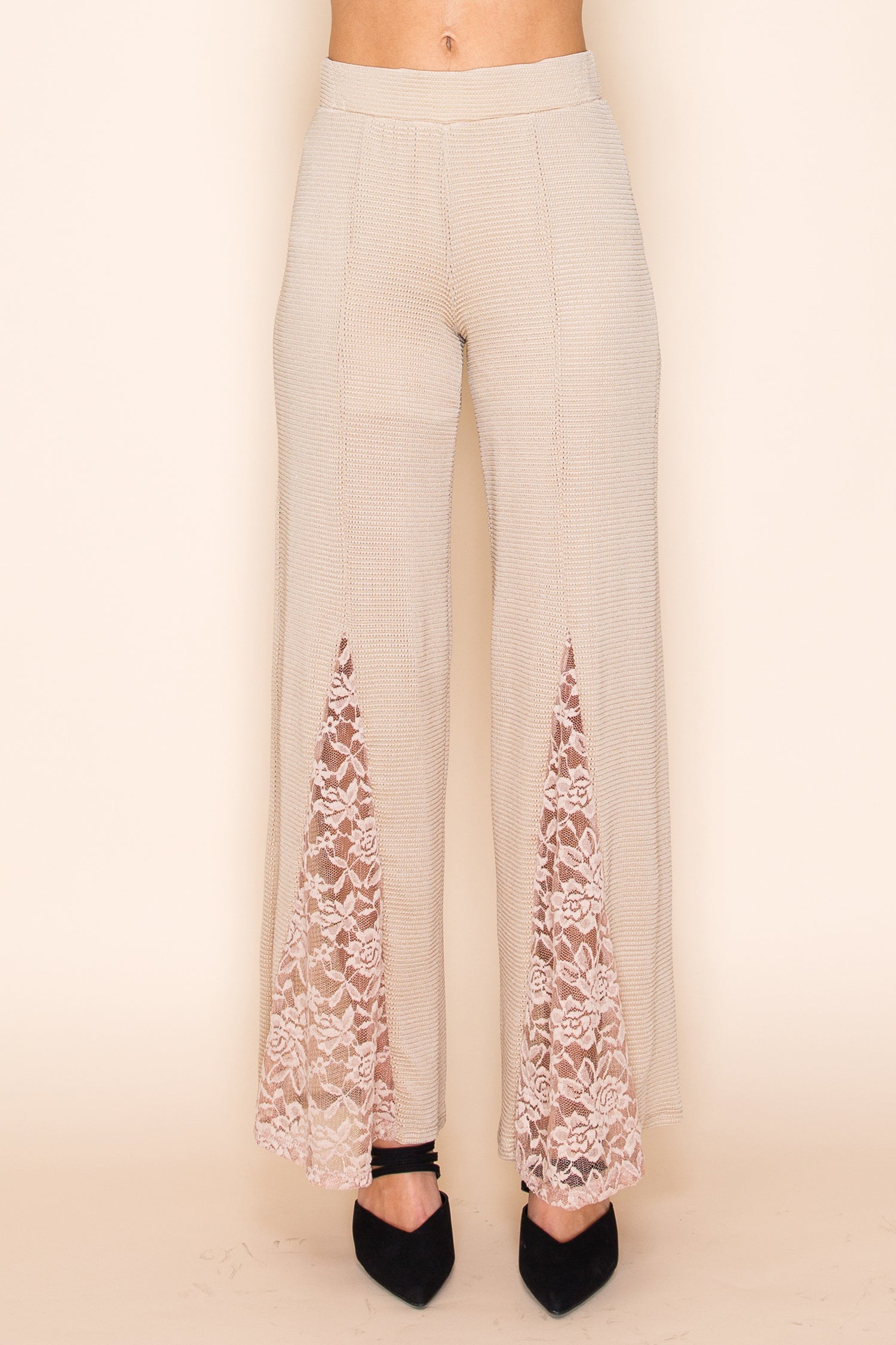 Beige Wide Leg Knit Pants with Lace Panel Detail