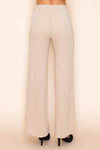 Beige Wide Leg Knit Pants with Lace Panel Detail