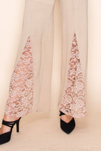 Beige Wide Leg Knit Pants with Lace Panel Detail