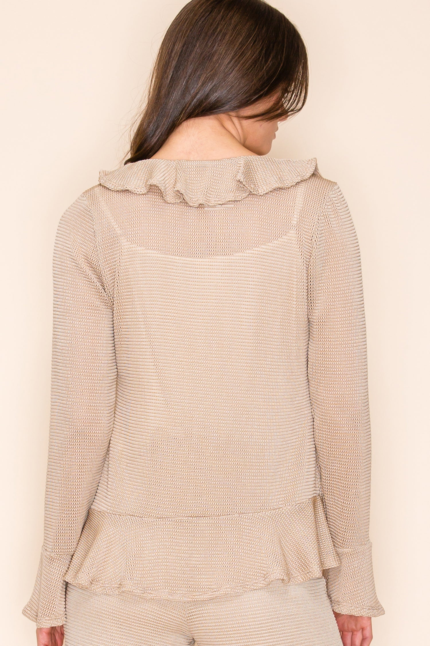 Nude Textured Knit Ruffle Tie-Front Cardigan