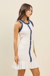 White Sleeveless Knit Mini Dress with Blue Trim and Gold Button Detail