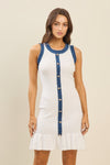 White Sleeveless Knit Mini Dress with Blue Trim and Gold Button Detail