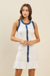 White Sleeveless Knit Mini Dress with Blue Trim and Gold Button Detail