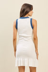 White Sleeveless Knit Mini Dress with Blue Trim and Gold Button Detail
