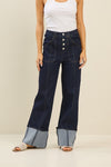 Dark Wash Wide-Leg Jeans with Contrast Cuffed Hem
