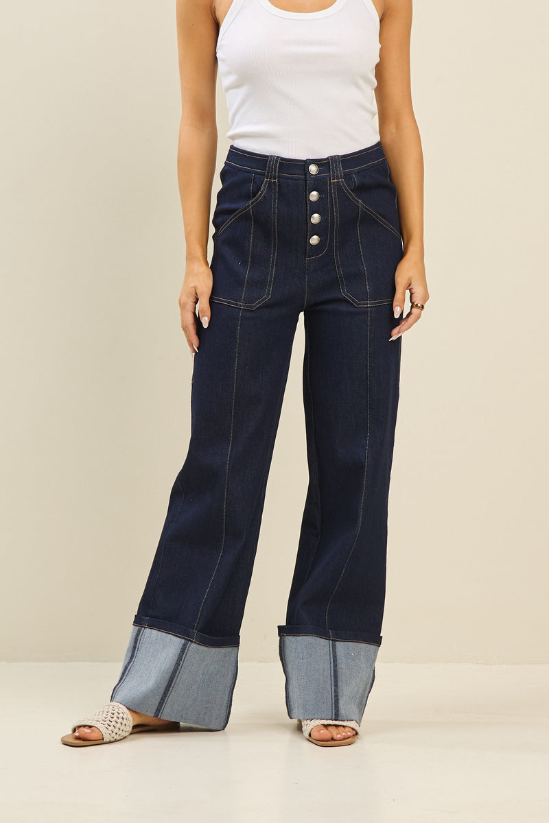 Structured Dark Wash Wide-Leg Jeans with Contrast Stitching Cuffed Hem