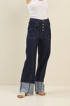 Dark Wash Wide-Leg Jeans with Contrast Cuffed Hem
