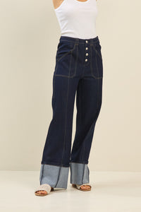Dark Wash Wide-Leg Jeans with Contrast Cuffed Hem