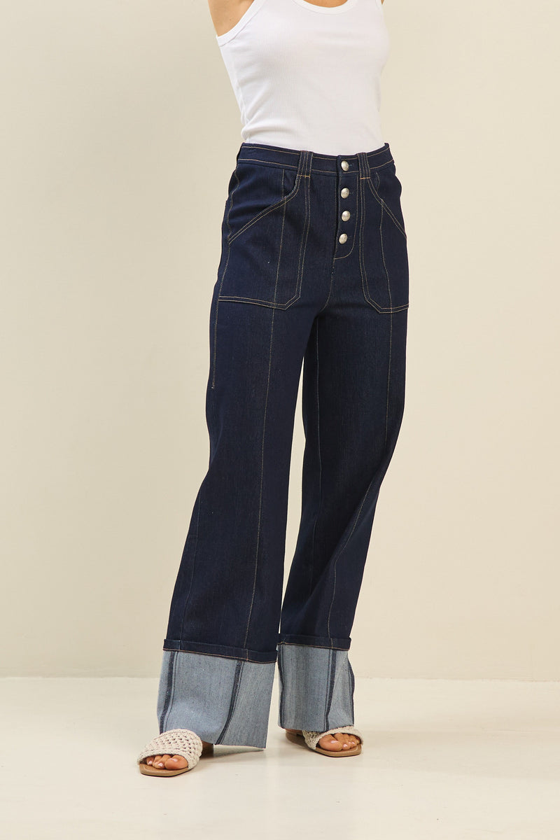 Dark Wash Wide-Leg Jeans with Contrast Cuffed Hem