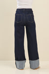 Structured Dark Wash Wide-Leg Jeans with Contrast Stitching Cuffed Hem