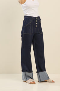 Structured Dark Wash Wide-Leg Jeans with Contrast Stitching Cuffed Hem