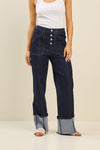 Dark Wash Wide-Leg Jeans with Contrast Cuffed Hem
