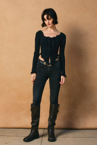 Lace Trim Ribbed Knit Cardigan Top