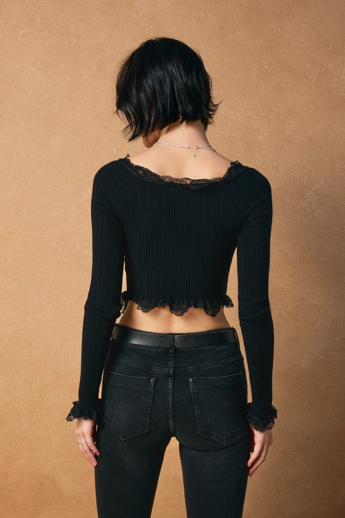 Lace Trim Ribbed Knit Cardigan Top