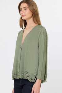 Olive Pleated Fringe Hem V-Neck Cardigan