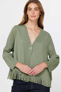 Olive Pleated Fringe Hem V-Neck Cardigan