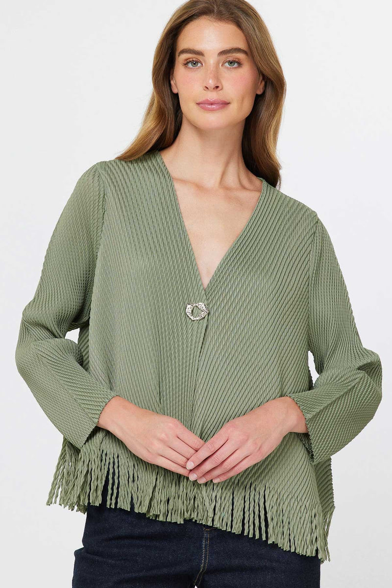 Olive Pleated Fringe Hem V-Neck Cardigan