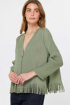 Olive Pleated Fringe Hem V-Neck Cardigan