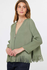 Olive Pleated Fringe Hem V-Neck Cardigan