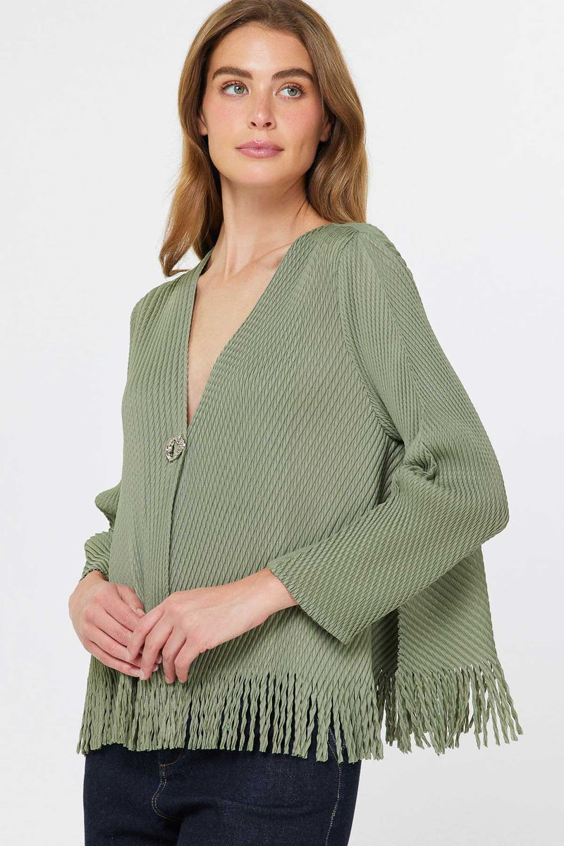 Olive Pleated Fringe Hem V-Neck Cardigan