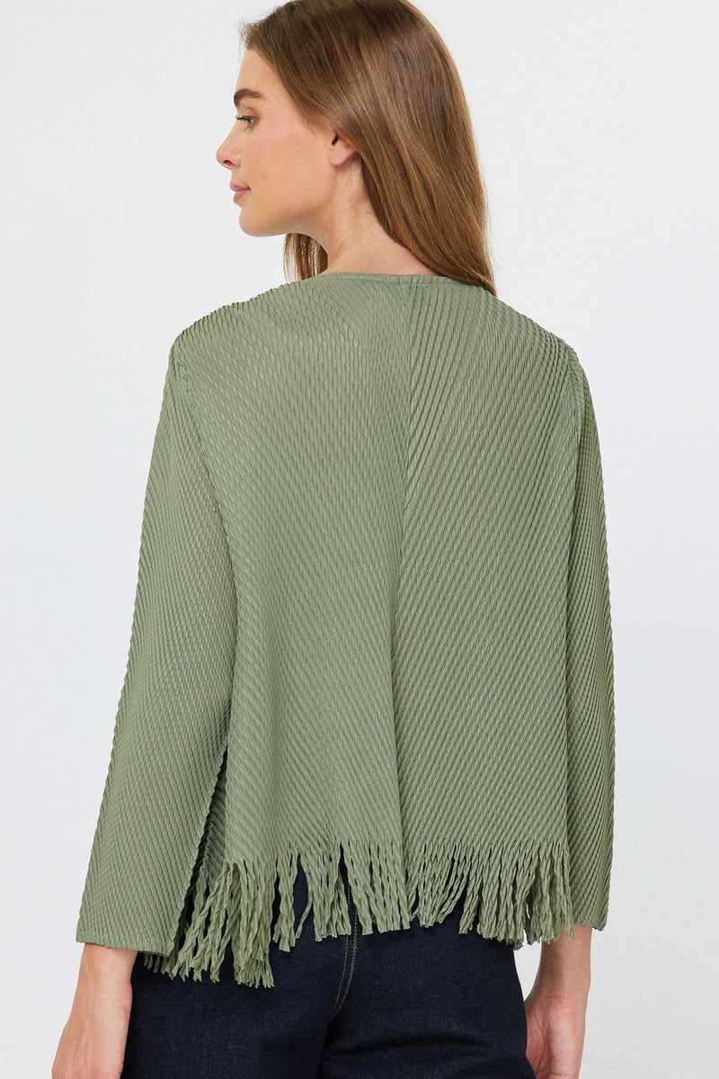 Olive Pleated Fringe Hem V-Neck Cardigan
