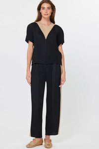 Black Pleated V-Neck Dolman Sleeve Top with Contrast Trim