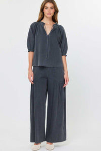 Washed Black Ruffle Tie-Neck Blouse with Shirred Sleeves