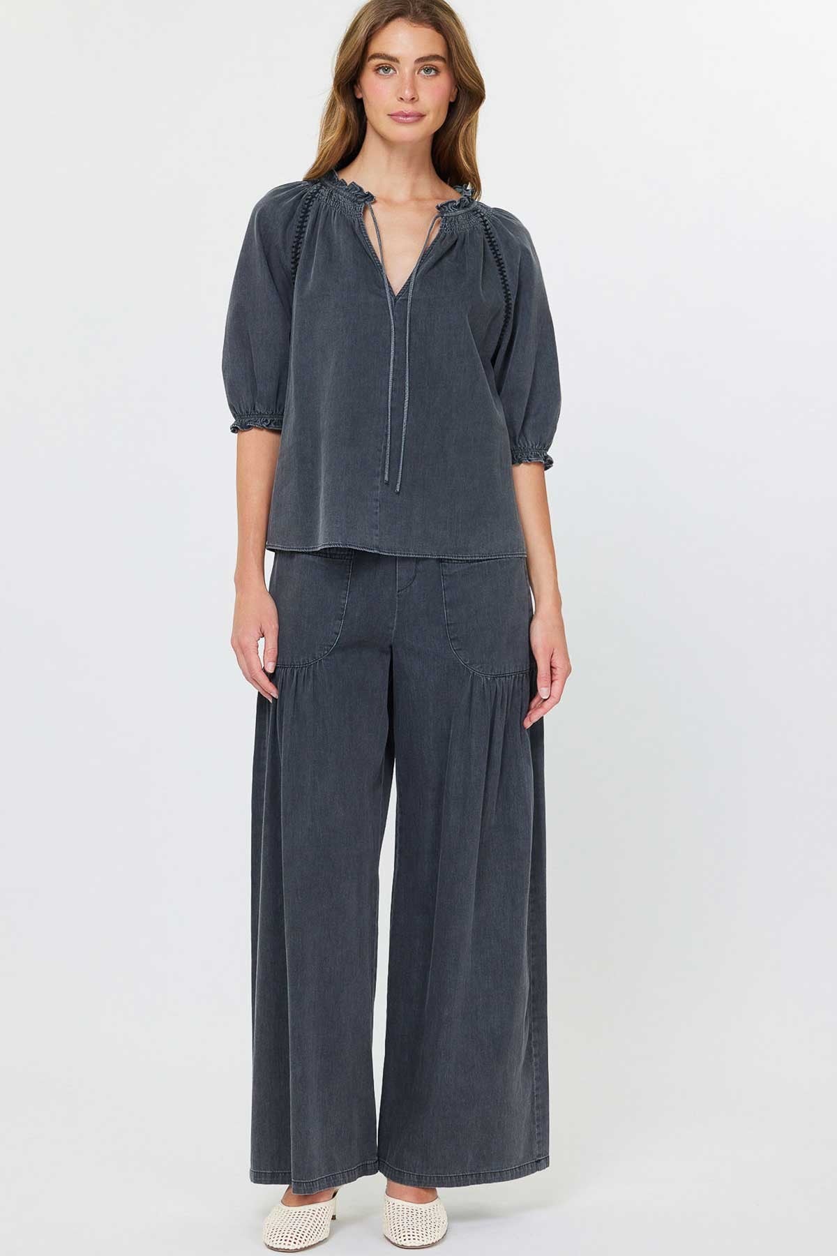 Washed Black Ruffle Tie-Neck Blouse with Shirred Sleeves