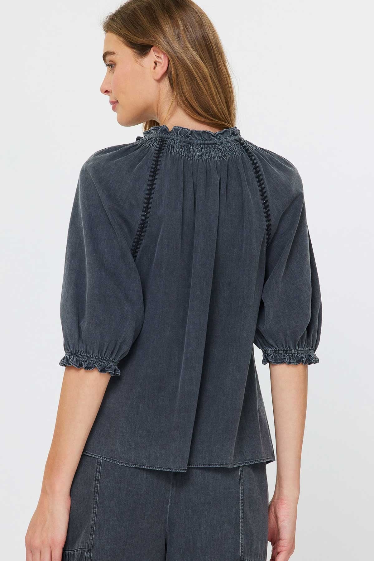 Washed Black Ruffle Tie-Neck Blouse with Shirred Sleeves