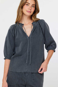 Washed Black Ruffle Tie-Neck Blouse with Shirred Sleeves