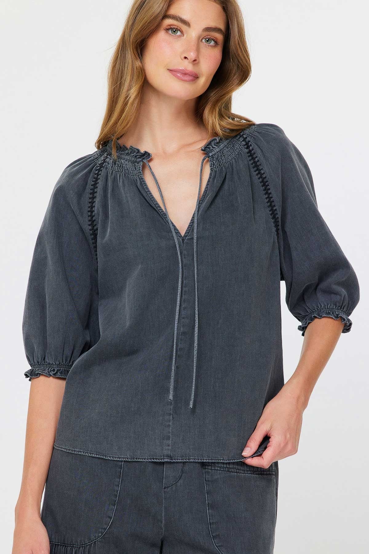 Washed Black Ruffle Tie-Neck Blouse with Shirred Sleeves