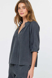 Washed Black Ruffle Tie-Neck Blouse with Shirred Sleeves
