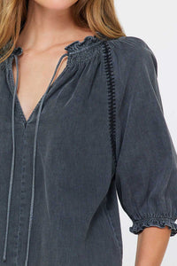 Washed Black Ruffle Tie-Neck Blouse with Shirred Sleeves