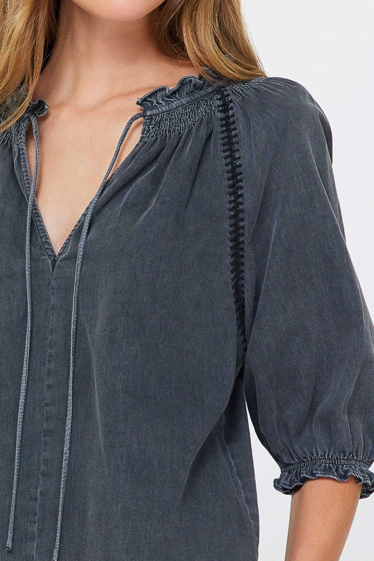 Washed Black Ruffle Tie-Neck Blouse with Shirred Sleeves
