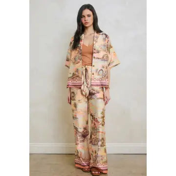 Tropical Border Print Tie Waist Wide-Leg Pants