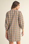 Taupe Plaid V-Neck Shift Dress with 3/4 Sleeves
