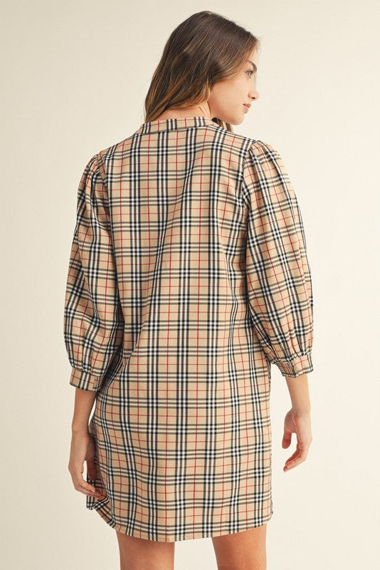 Taupe Plaid V-Neck Shift Dress with 3/4 Sleeves