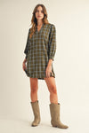 Olive Plaid V-Neck Shift Dress with 3/4 Sleeves