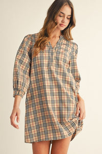 Taupe Plaid V-Neck Shift Dress with 3/4 Sleeves