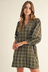 Olive Plaid V-Neck Shift Dress with 3/4 Sleeves