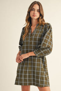 Olive Plaid V-Neck Shift Dress with 3/4 Sleeves