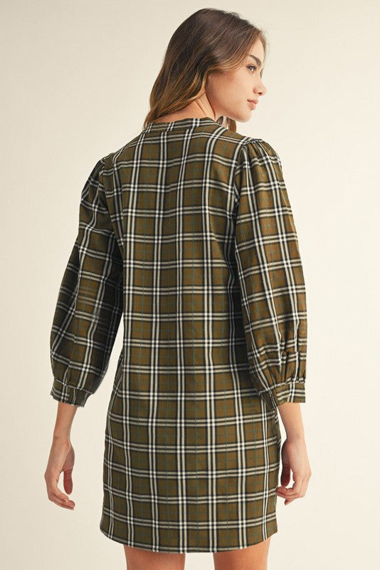 Olive Plaid V-Neck Shift Dress with 3/4 Sleeves, L