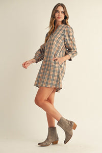 Taupe Plaid V-Neck Shift Dress with 3/4 Sleeves