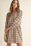 Taupe Plaid V-Neck Shift Dress with 3/4 Sleeves