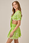 Lime Embroidered Eyelet Crop Top and Skirt Set