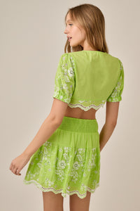 Lime Embroidered Eyelet Crop Top and Skirt Set