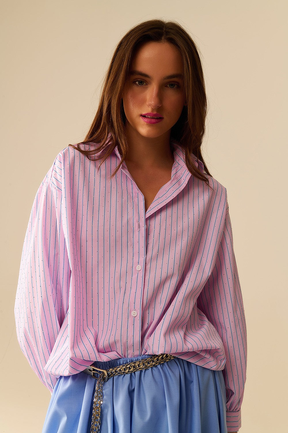 Pink Striped Oversized Button-Up Shirt