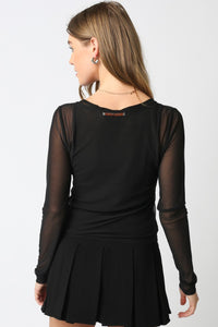 Sheer Mesh Button-Down Long Sleeve Top in Black