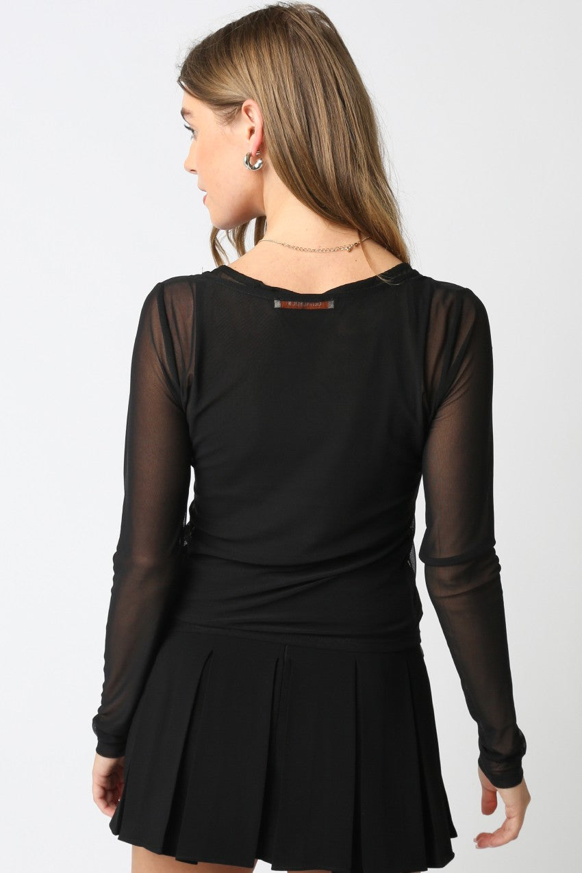 Sheer Mesh Button-Down Long Sleeve Top in Black